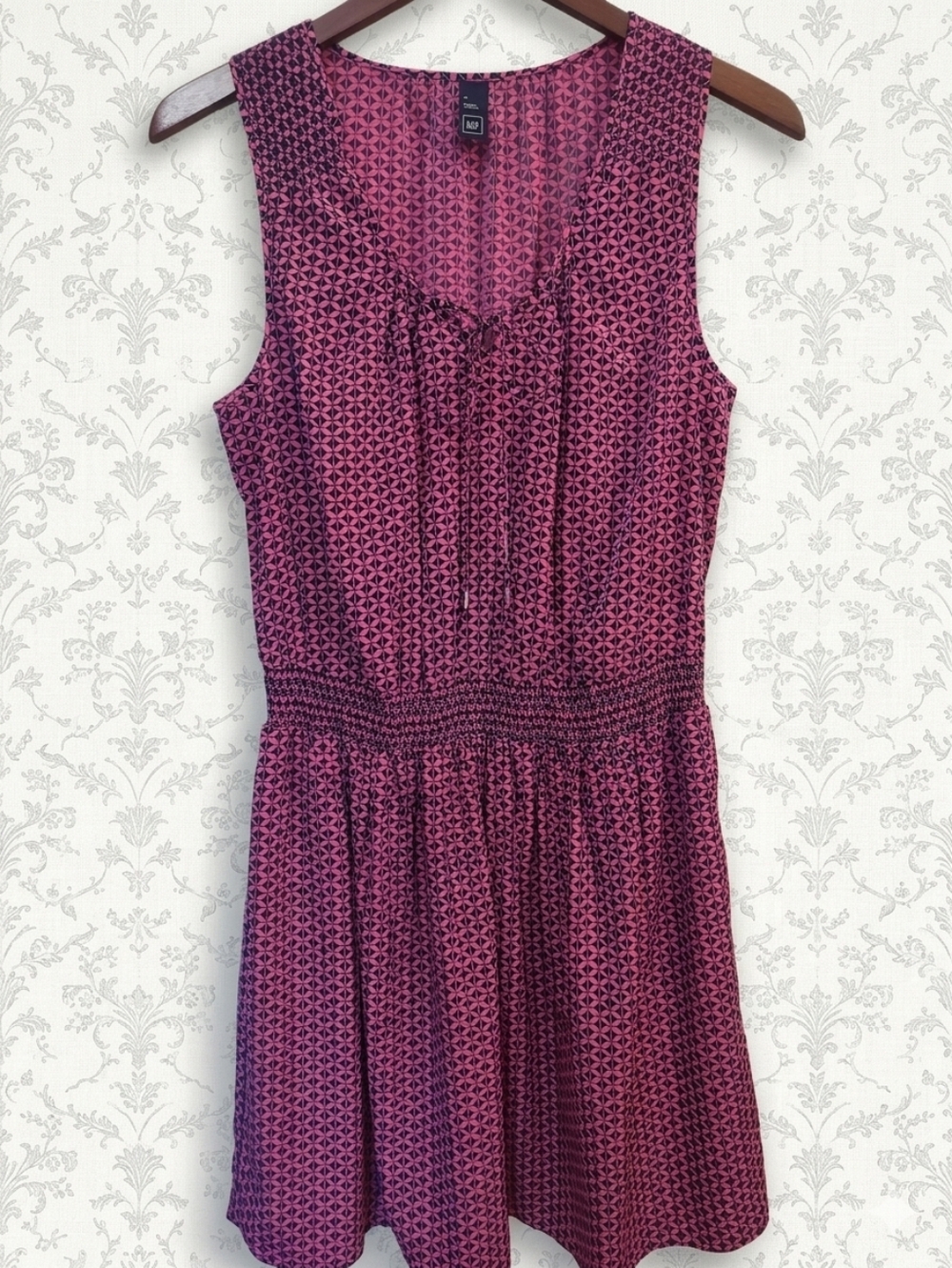 Gap Pink Navy Blue Geometric Print Smocked Waist Sleeveless Pocket Dress M